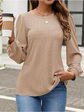 Women's Eyelet Long-Sleeve Blouse in Taupe by